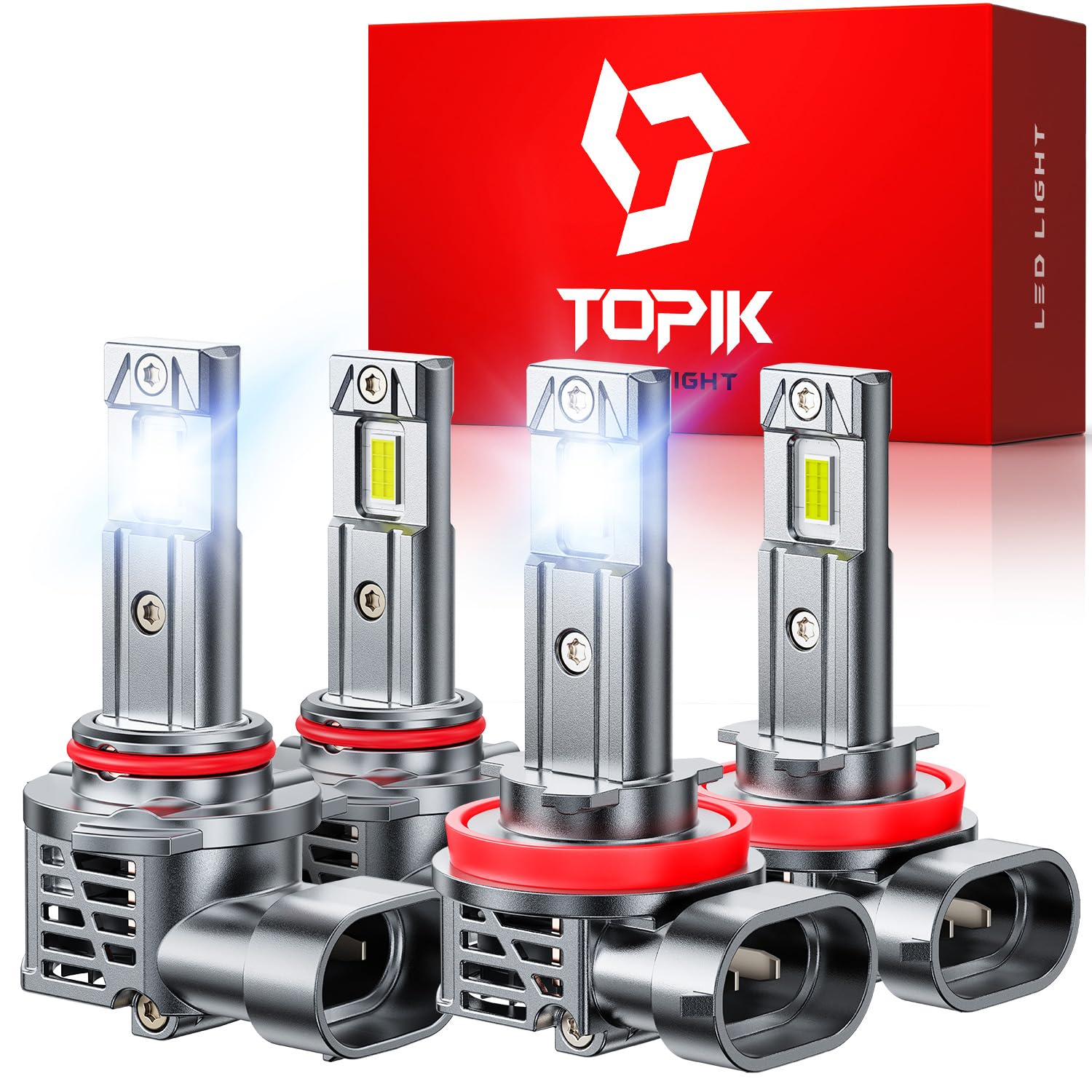 Photo 1 of TOPIK 9005 H11 Light Bulbs Combo 800% Brighter 64000LM 6500K Cool White, Plug N Play, 50000Hrs Lifespan, No Flicker, 99% Compatibility, HB3 H9 H8 Light for Off-Road Use or Fog Light, Pack of 4
