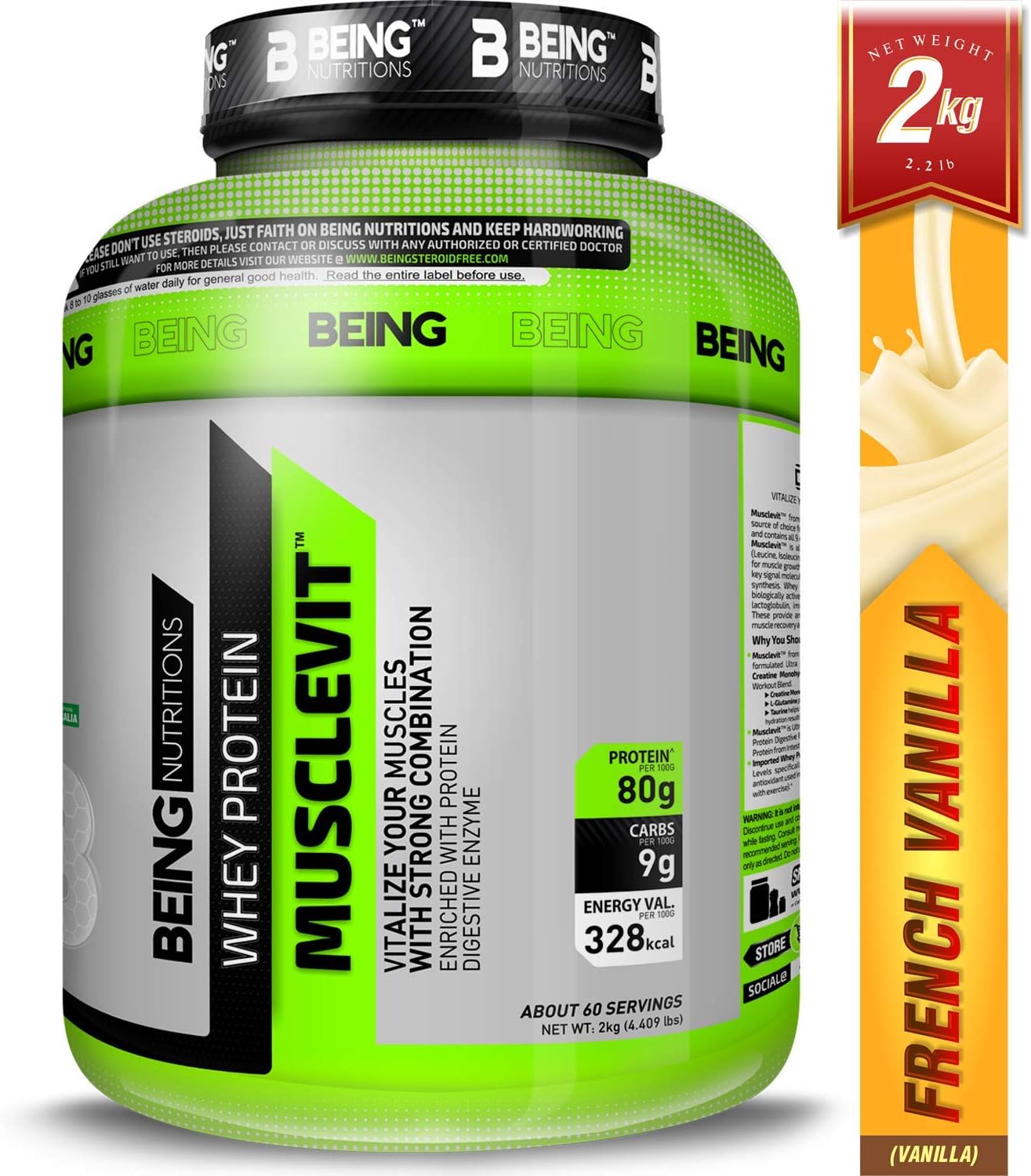 Being Nutritions - MUSCLEVIT – Pure Whey Protein with Taurine + Creatine + L-Glutamine + Digestive Enzymes + Dietary Fiber (French Vanilla, 2kg / 4.4lbs)