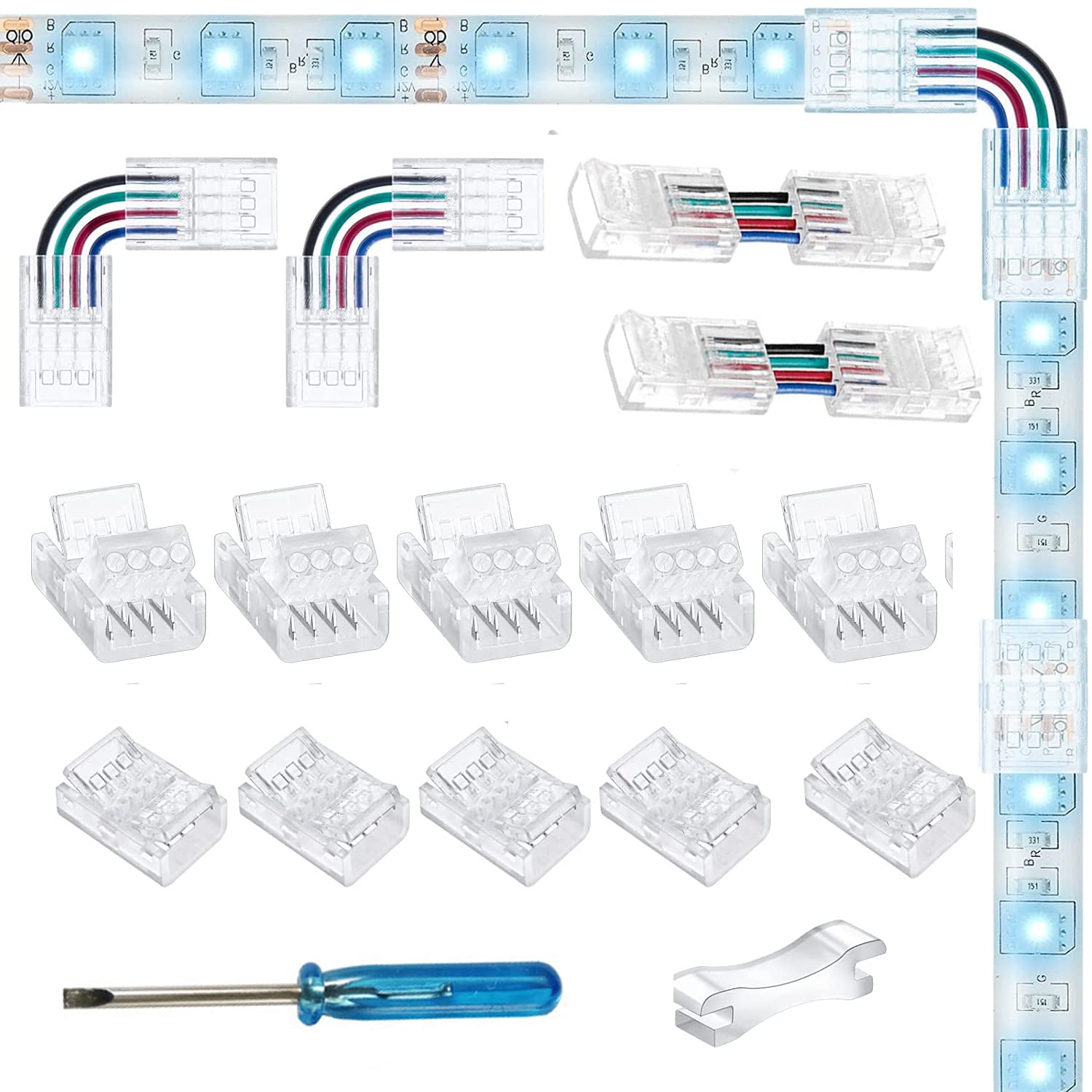 YUTOKEER LED Connector 5 Pieces 4-Pin 10 mm RGB LED Strip to Wire/Strip to Strip Connector Unwired Clips Solderless Adapter Terminal Extension Connection, 2 Pieces L-Shape/H-Shape Connectors