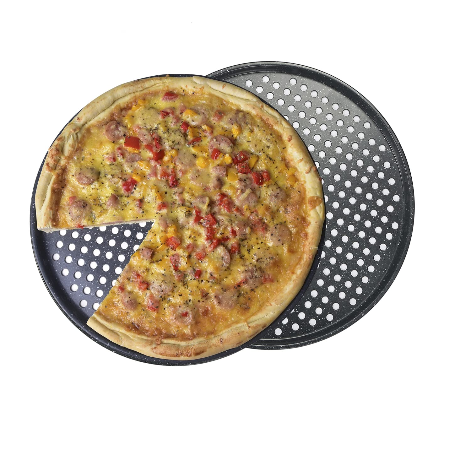 Monfish 14 inch Pizza Tray with Holes 2 Pack Perforated Pizza Pan for Oven Carbon Steel Crisper Pan Granite Finish Non Stick