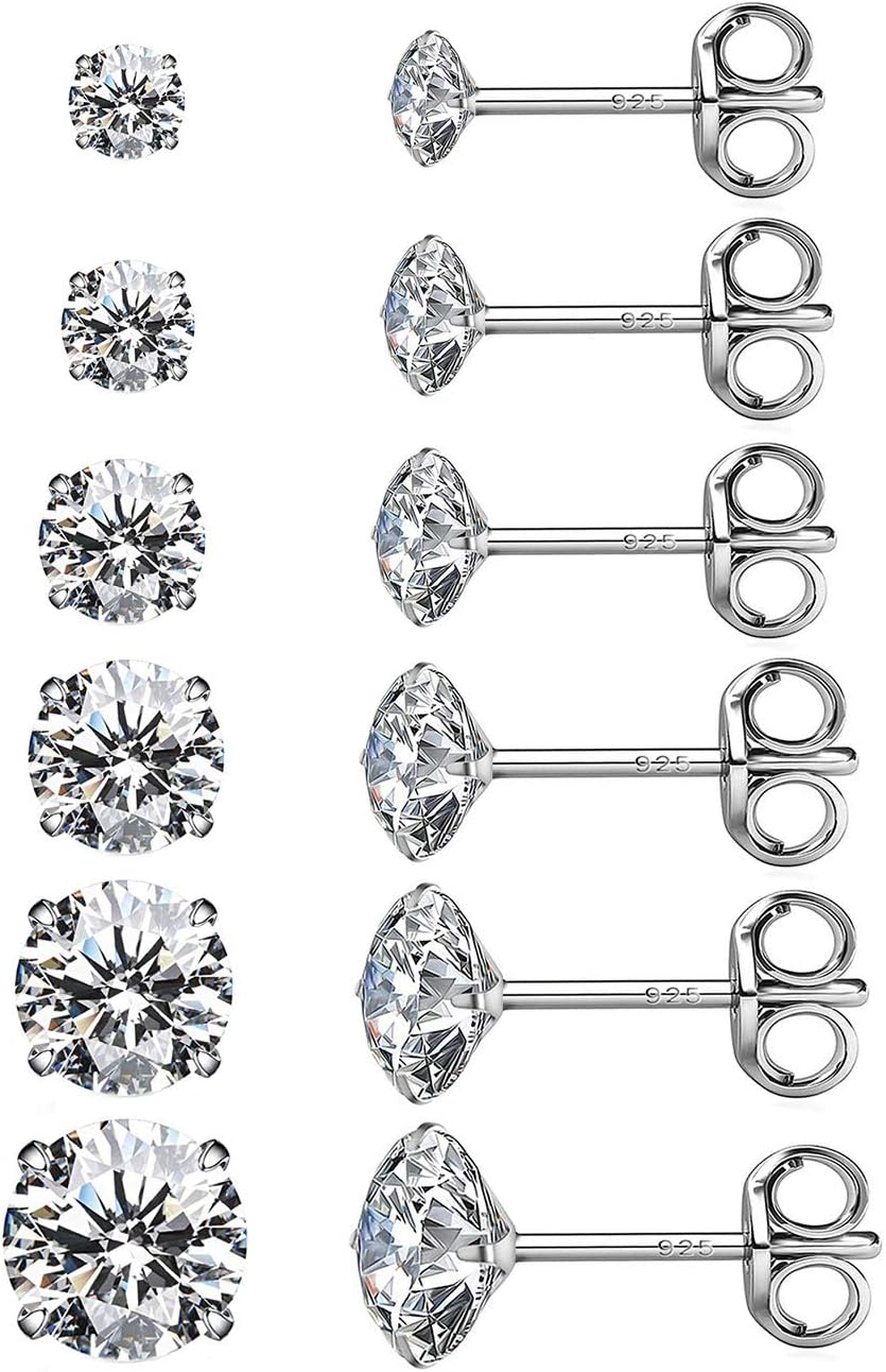 Sterling Silver Studs Earrings, 3-6 Pairs, Round Clear Cubic Zirconia Stud Earrings for Sensitive Ears priercing …