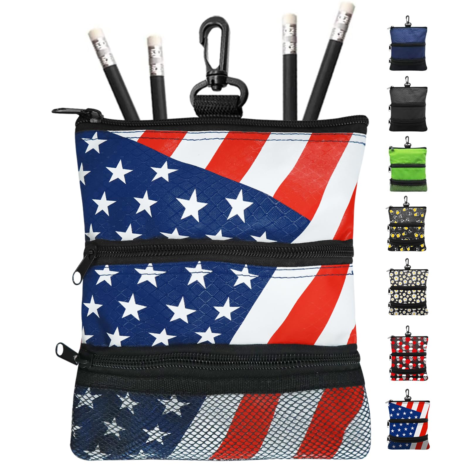 FINGER TEN Golf Pouch Bag Ball Holder Valuable for Men Women,Golf Storage Zipper Handbag Pocket with Gear Clip Hook to Attach Bag Lightweight Portable Accessories Color Green Grey Blue (USA Flag)