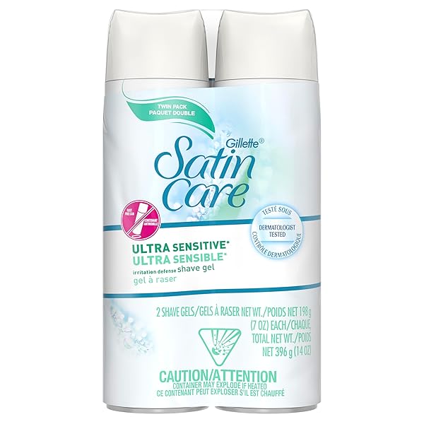 GILLETTE SATIN CARE ULTRA SENSITIVE SHAVE GEL FOR WOMEN, PACK OF 2, 7OZ EACH, FRANGRANCE FREE