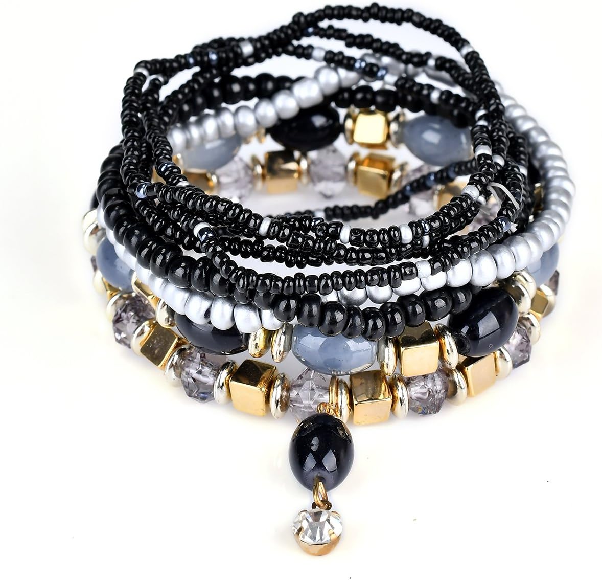 Bohemian Crystal Gem Colorful Stretch Bead Multilayer Bracelet Stack of 6 for Women