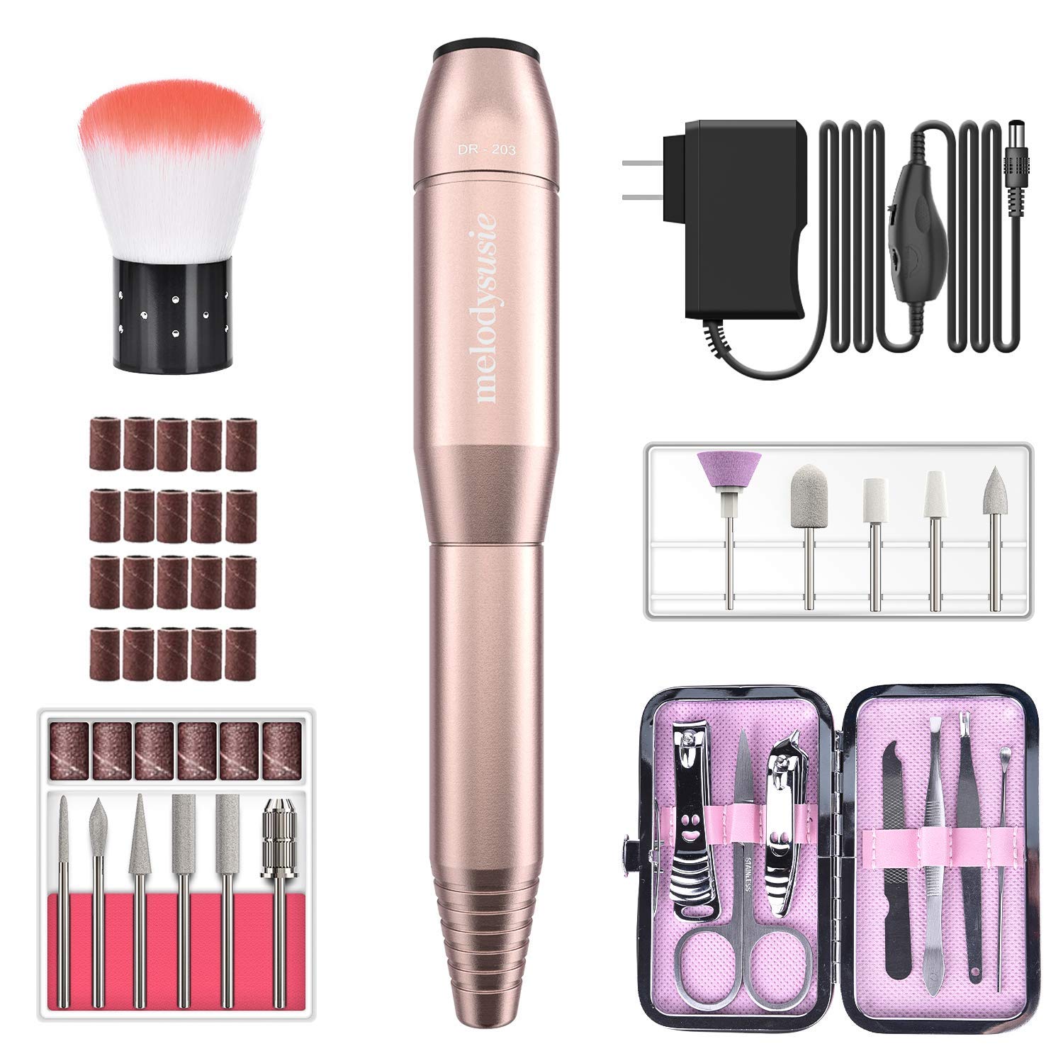 MelodySusie Electric Nail Drill 11 in 1 Set, Portable E-file Nail Kit for Acrylic Gel Nails, Professional Nail Drill Machine Manicure Pedicure Polishing Shape Tools with Everything, Home Salon Use: Beauty