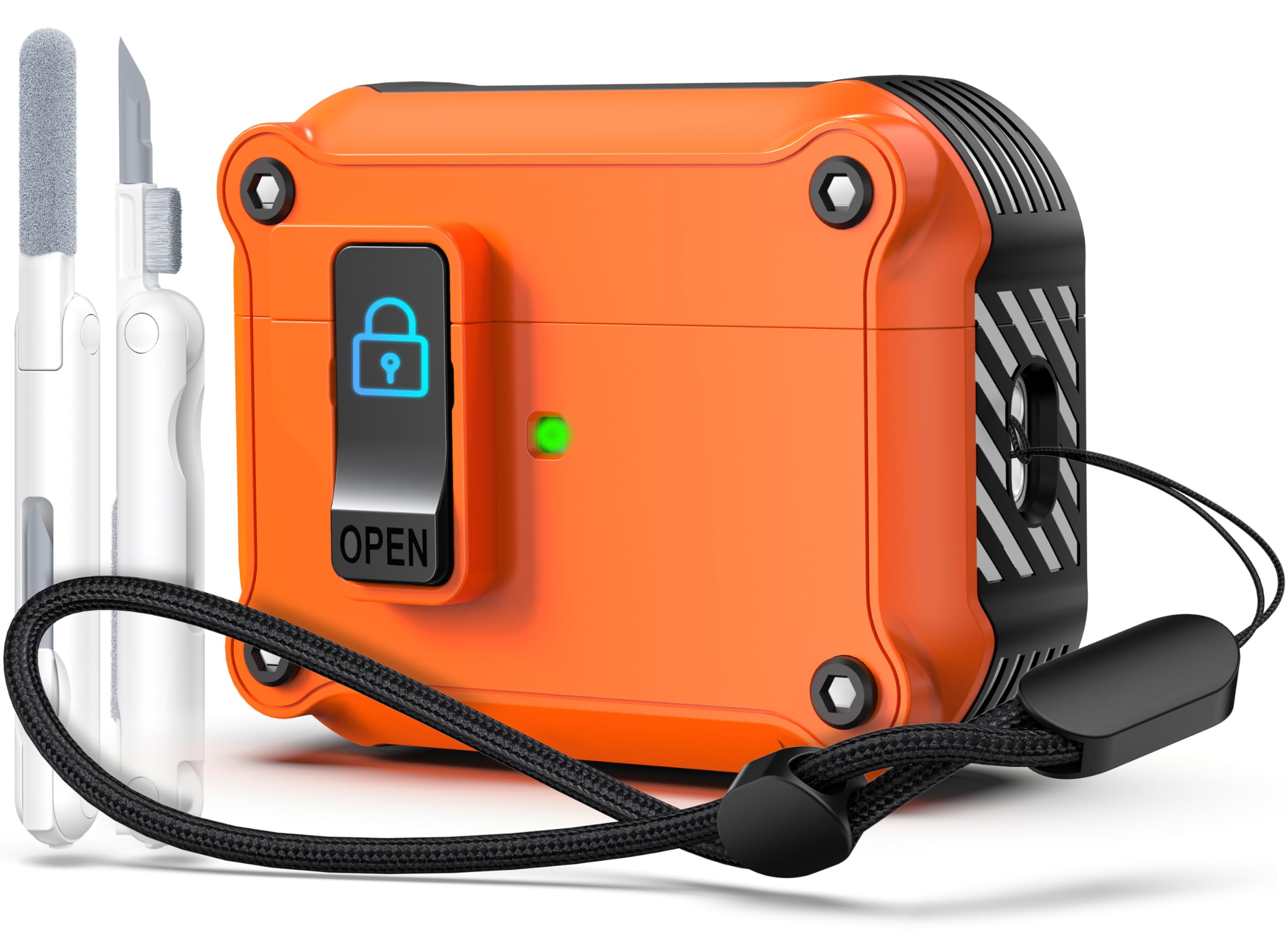 Photo 1 of R-fun for AirPods Pro 2nd Generation 2024/2023(USB-C),2022(Lightning Cable),1st Gen 2019 Charging Case, [Auto Pop-Up Lid Design] Heavy Duty Protection Case with Cleaner Kit and Lanyard,Orange