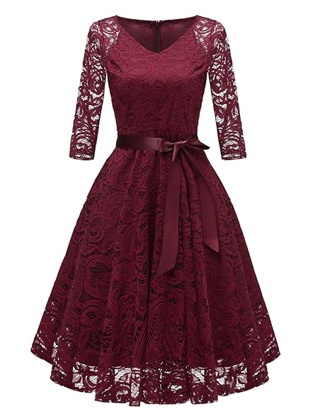 Laorchid Vintage Damen Kleid 3/4 Ärmel Floral Spitzenkleid Swing Cocktailkleid