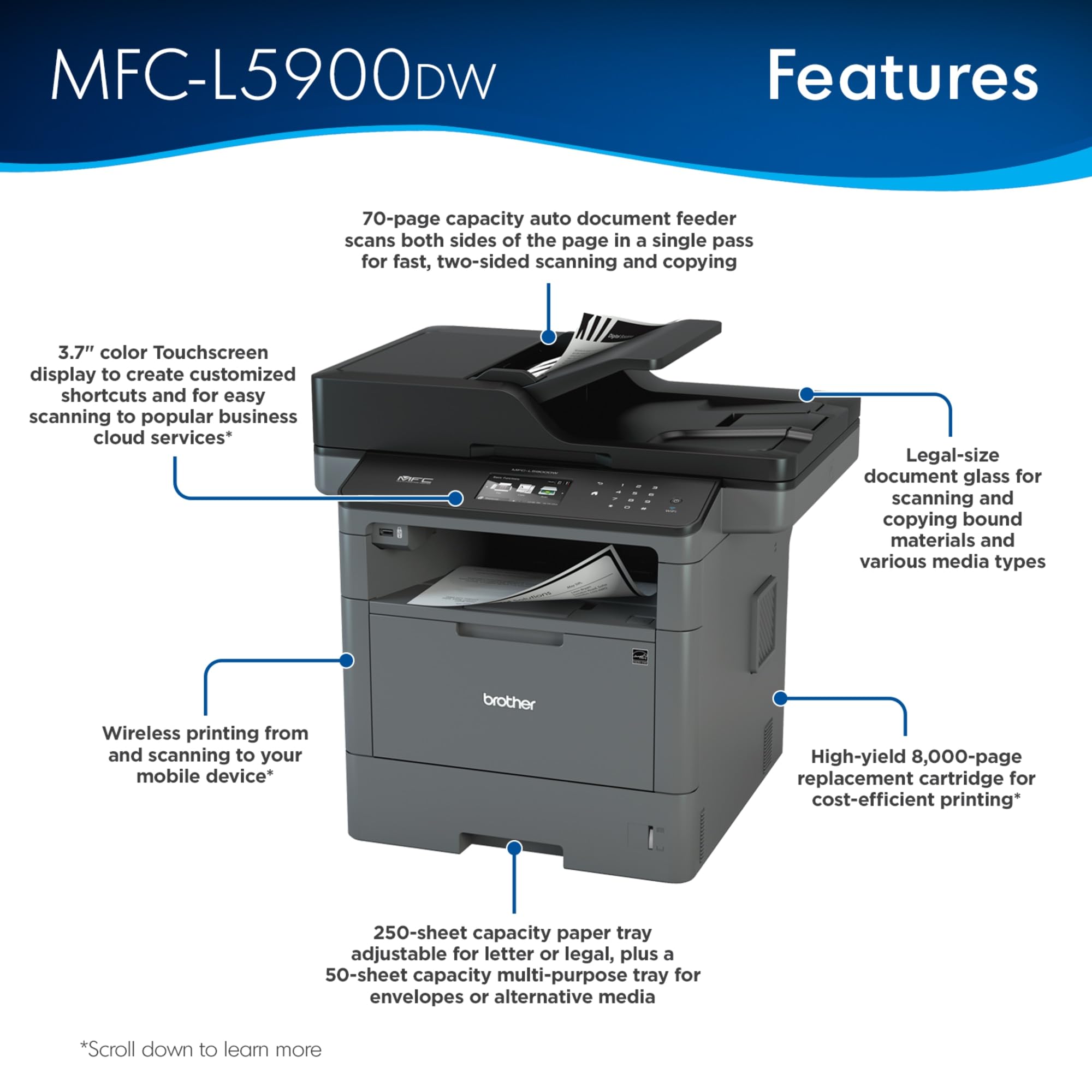 Brother Monochrome Laser Printer, Multifunction Printer, All-in-One Printer, MFC-L5900DW, Wireless Networking, Mobile Printing&Scanning, Duplex Print, Copy&Scan, Amazon Dash Replenishment Ready, Black