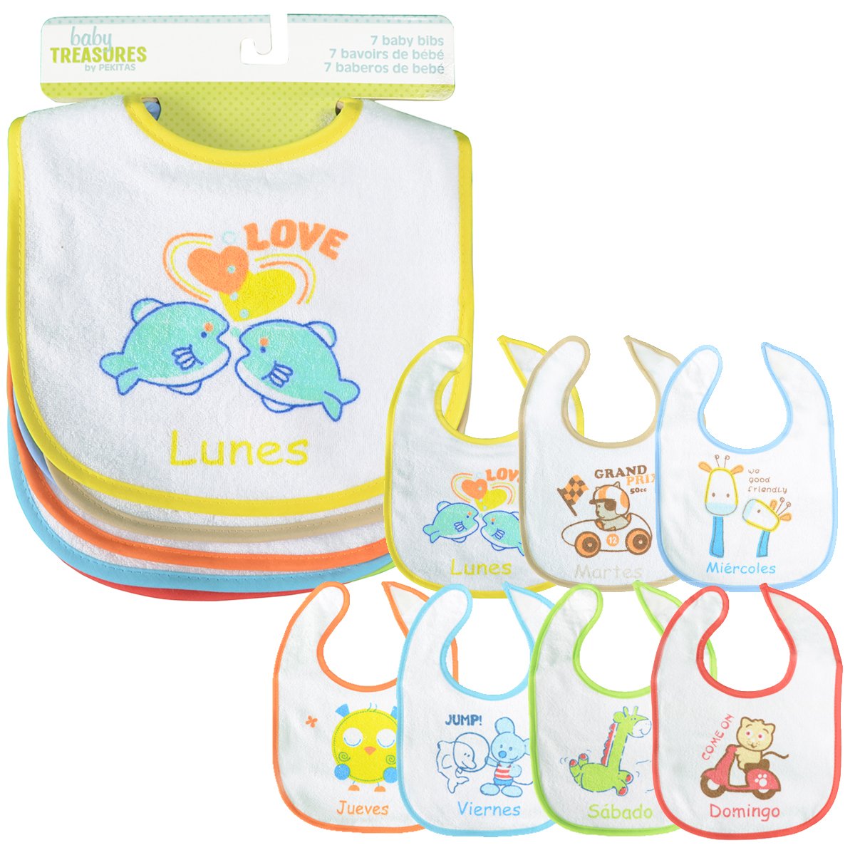 PEKITAS Pack of 7 Baby Bibs, Waterproof, hook and loop Closure, Soft Cotton, Size 28 cm x 21cm