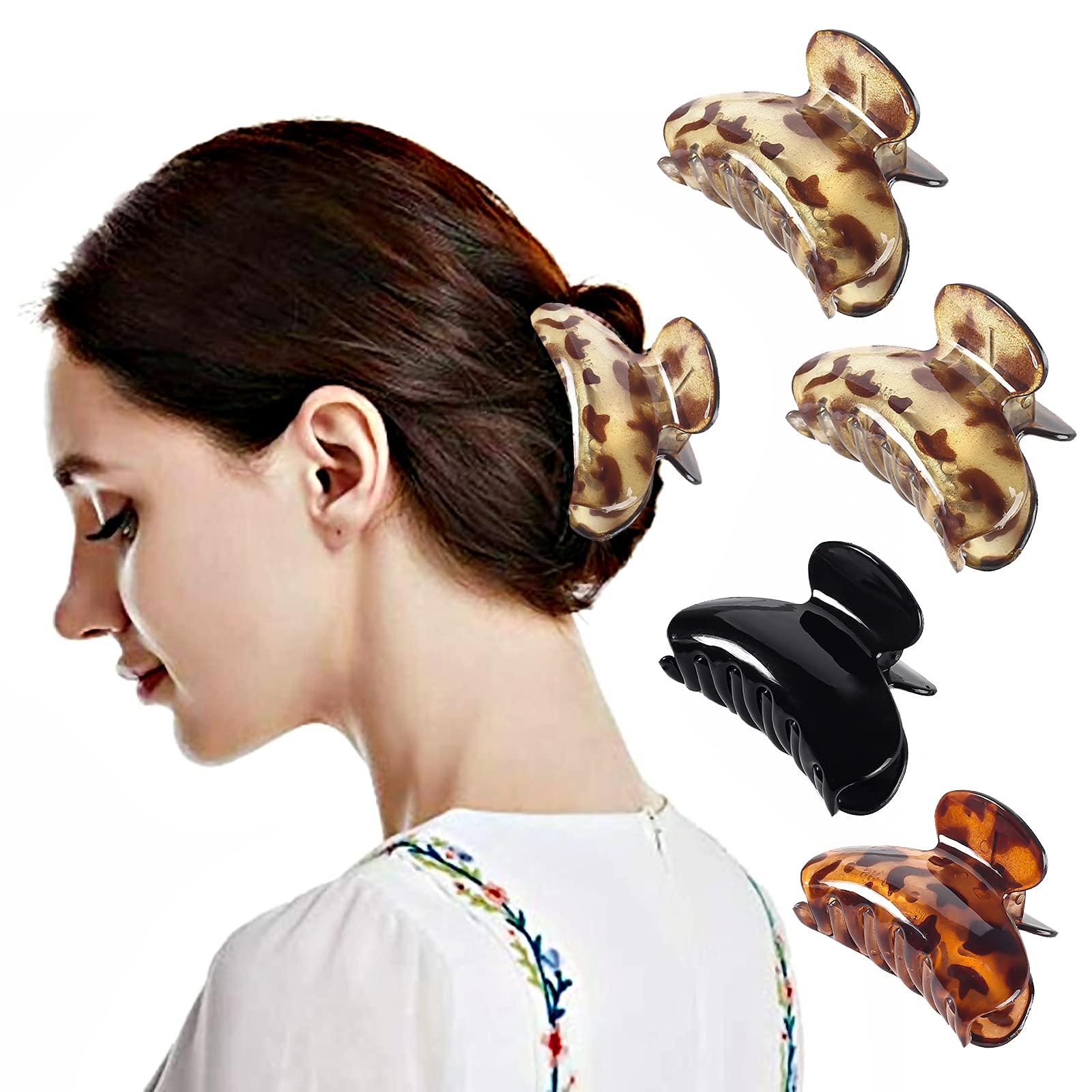 4 PCS Hair Claw Clips, VEGCOO Medium Acrylic Hair Jaw Clips Non-slip Claw Cratch Strong Hold Hair Clamp, Hair Styling Accessories for Women and Girls Thick Thin Hair (4 * Tortoiseshell Claw Clips)