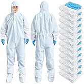 TrelaCo 5 Sets Hazmat Suit Disposable Protective Coveralls Full Body Paint Suit with Hood Shoe Cover and Glove Breathable Coverall (L,White)