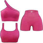 OLCHEE Womens 3 Piece Workout Sets - Seamless Ribbed Yoga Outfits Sports Bra One Shoulder Top Biker Shorts Gym Athletic Cloth