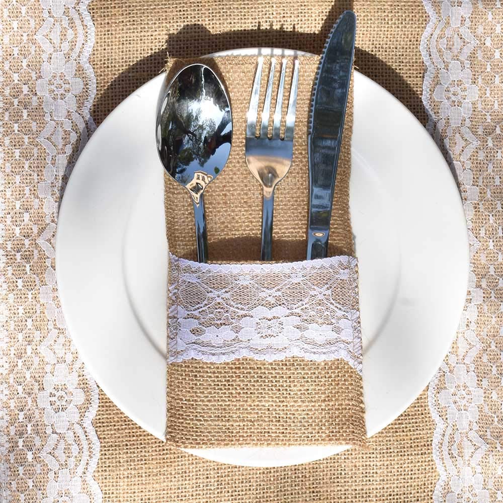 Bodosac Awtlife 60 Packs Xmas Burlap Lace Utensil Holders Silverware Cutlery Pouch Knifes Forks Bag for Vintage Wedding