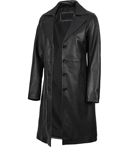 Ladies Black Leather Full-Length Trench Classic Coat Black XS at
