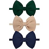 Lanmerry 3PCS 4.5’’ Hair Bows for Baby Girls Newborn Infant Toddler Headbands Dark Blue & Green & Beige Bow of Hair Accessories Soft Girl Head Wraps