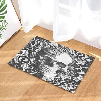 Gothic Badvorleger von Gohebe weißes Design mit Totenkopf und Rosen