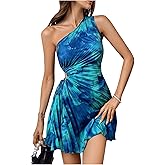 SOLY HUX Women's Tie Dye Pleated Sleeveless Dress One Shoulder Cut Out Drawstring A Line Mini Dresses