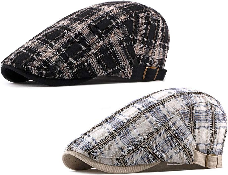 ZLSLZ2 Pack Men's Plaid Cotton Flat Newsboy Ivy Cabbie Golf Gatsby Cap Hat