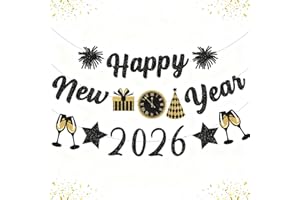 IMISHM Black Gold New Years Decorations 2026 Glitter Happy New Year Banner New Years Eve Party Supplies Eve Decorations Happy New Year Sign For Party Decorations