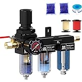 NEWPO 1/4" NPT Three Stage Air Drying System,air Pressure Regulator with 5&0.01 Micron Filter Cartridge,Desiccant Dryer & Air Compressor Dryer, Metal Bowl Semi-Auto Drain