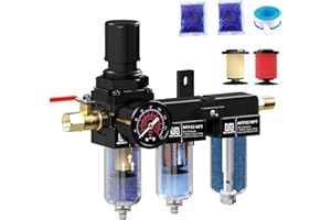 NEWPO 1/4" NPT Three Stage Air Drying System,air Pressure Regulator with 5＆0.01 Micron Filter Cartridge，Desiccant Dryer & Air Compressor Dryer, Metal Bowl Semi-Auto Drain