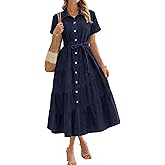 BerryGo Womens Summer Denim Shirt Dress Casual Belted Short Sleeve Button Down Flowy Midi Jeans Dresses with Pockets