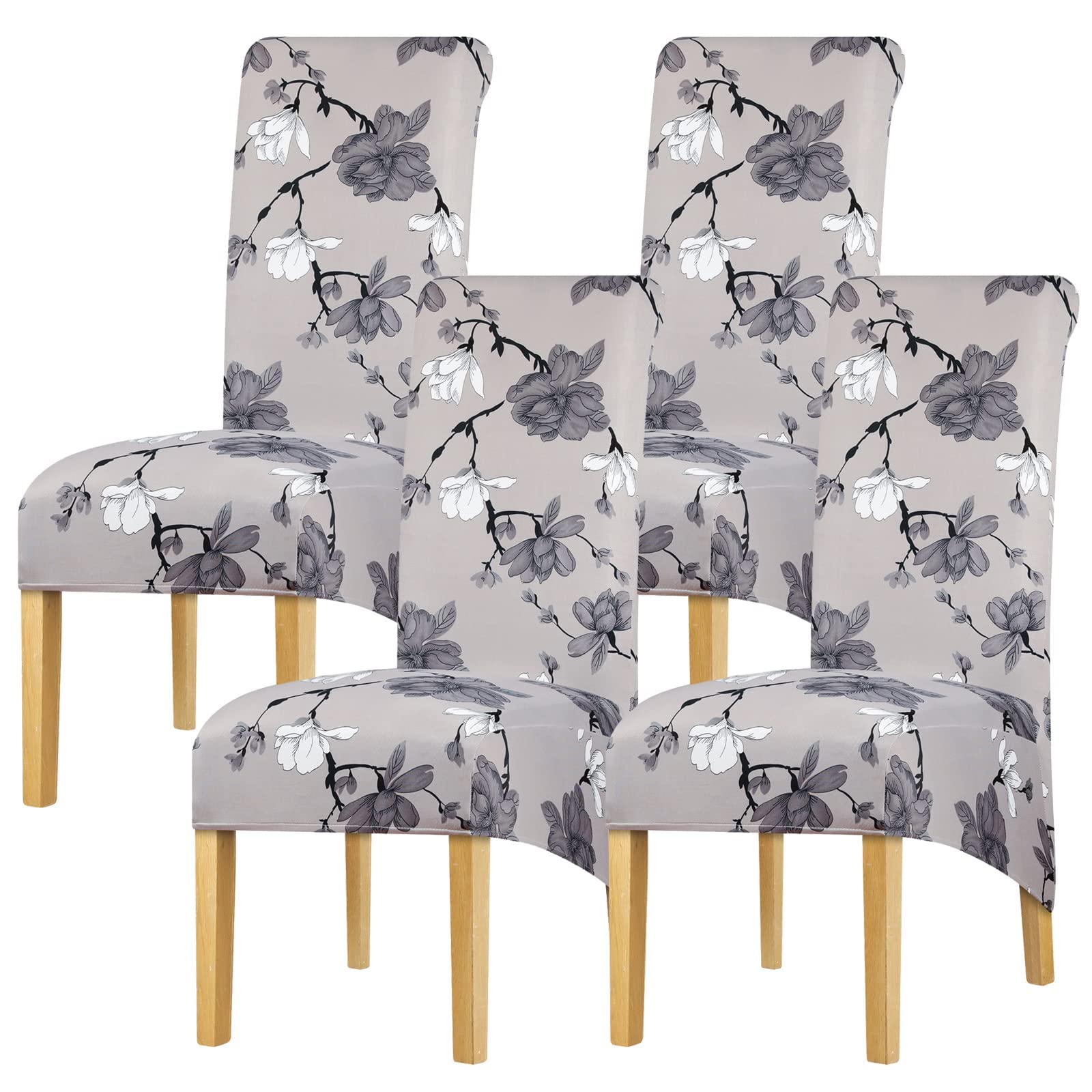 Leorate Floral High Back Dining Chair Covers Set of 4 – Stretch Elastic Slipcovers with Magnolia Print, Light Gray, Washable Removable Furniture Protector for Kitchen, Banquet & Home Decor — image 1