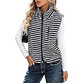 HOTIAN Womens Striped Sherpa Vest Fleece High Neck Zip Up Jacket Sleeveless Warm Outwear with Pockets