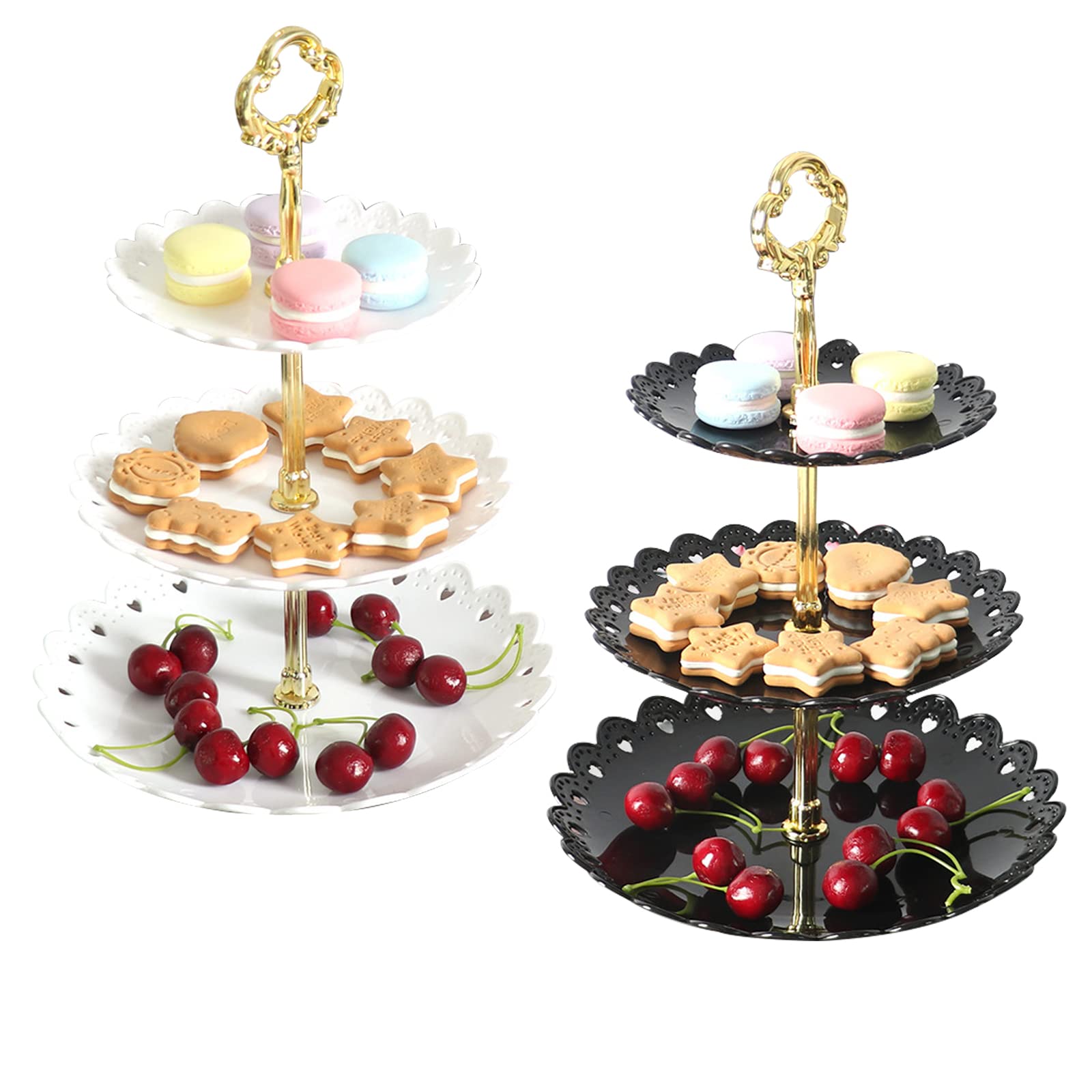 Tianlong 2 Set 3 Tier Cake Stands for Afternoon Tea, White and Black Plastic Cake Stand-Dessert Stand-Cupcake Stand-Tea Party Serving Platter