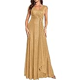 meilun Short Sleeve Sequin Dress for Women Formal Evening Gowns Sparkly V Neck 1920s Long Dress