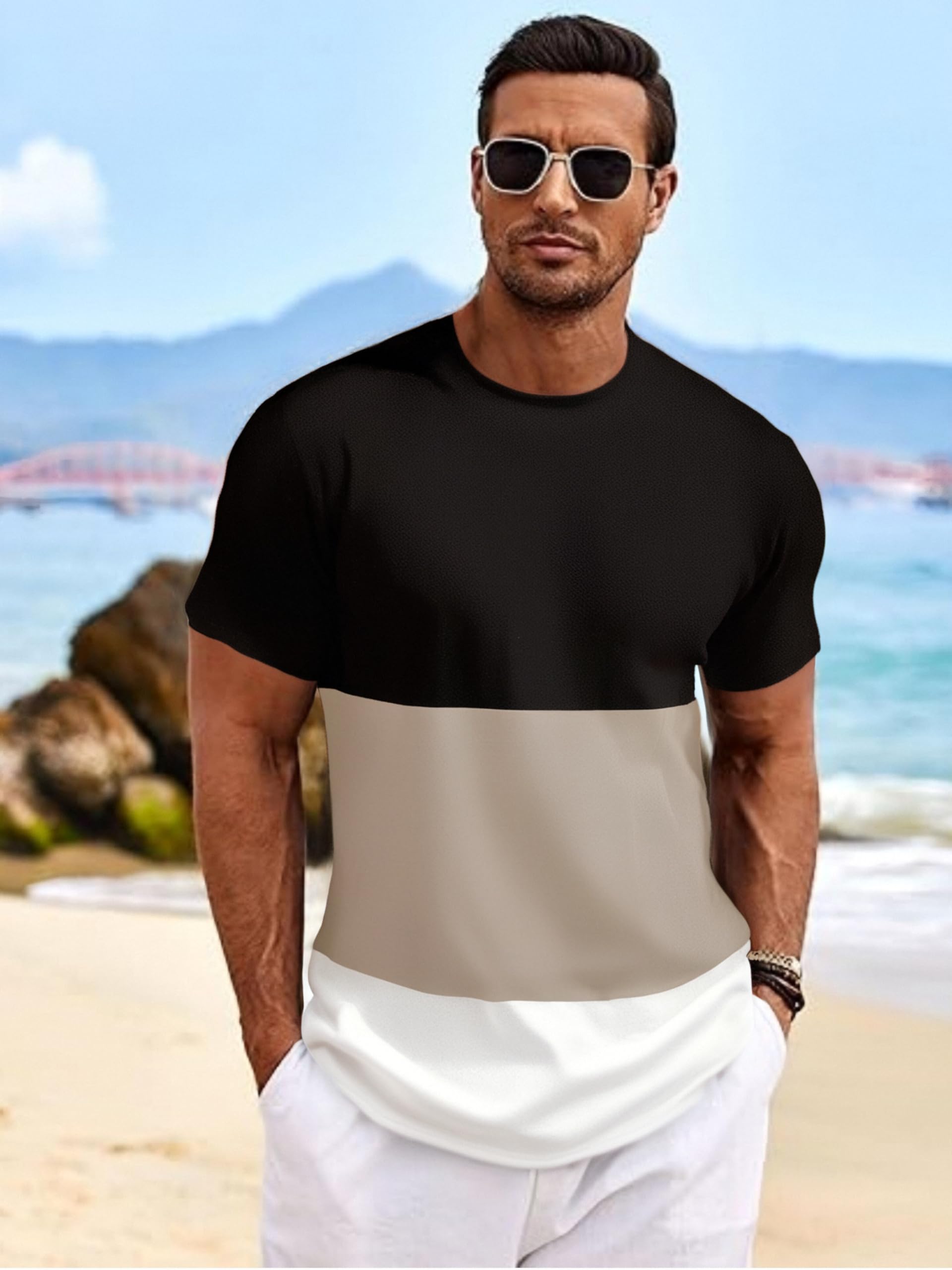 Photo 1 of Men's Black and White Colorblock T-Shirt Modern Two-Tone Casual Stylish Tee(Colorblock,Medium)