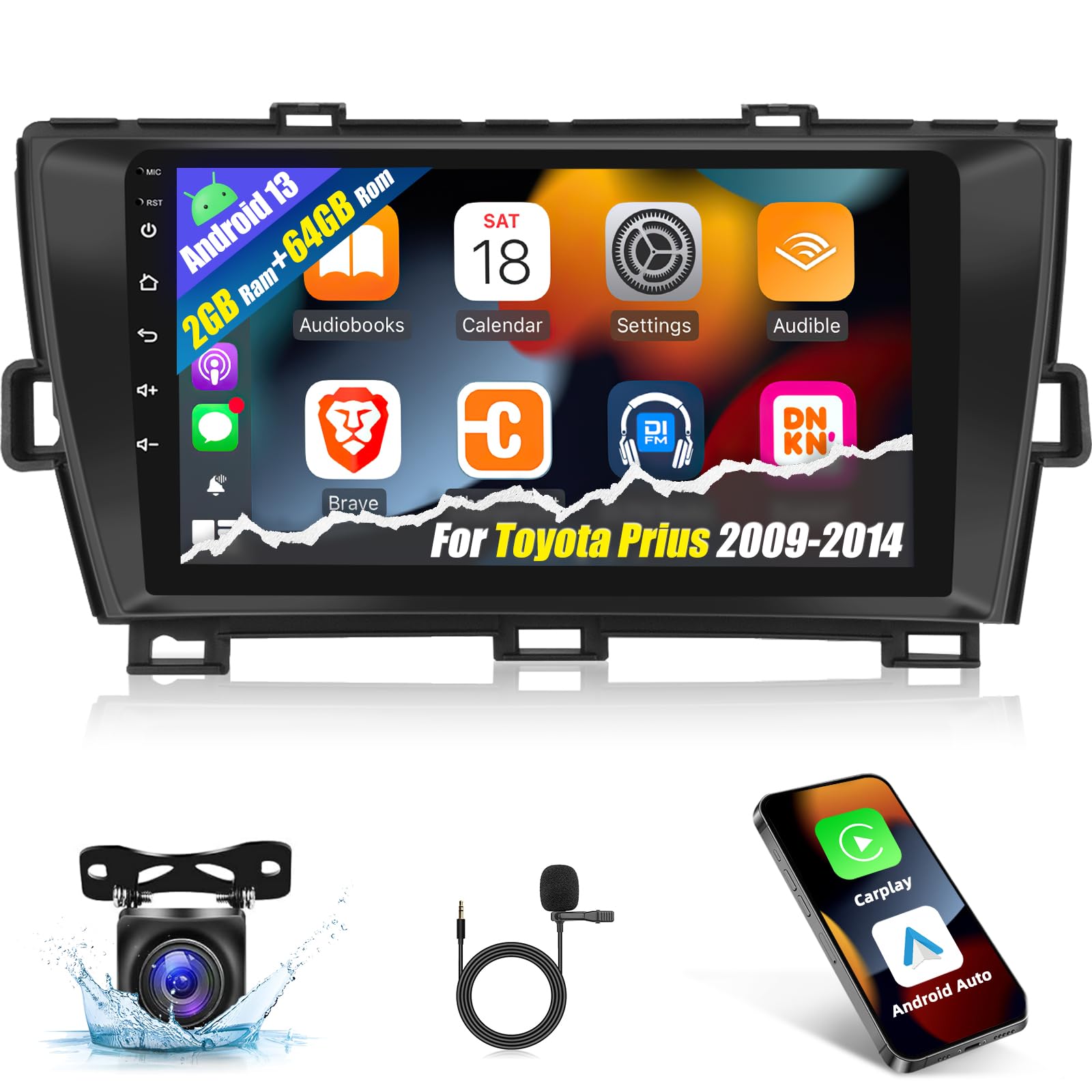 for 2009-2014 Toyota Prius Radio (for Right-hand Drive), [2G+64G] 9 inches Touch Screen Prius Android Car Stereo, Carplay/Android Auto/1080P/DSP EQ Audio/Bluetooth + Backup Camera