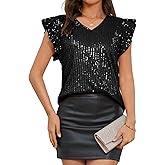 Sequin Tops for Women Short Sleeve Ruffle V Neck Sparkle Top Glitter Evening Cocktail Club Party Shirt