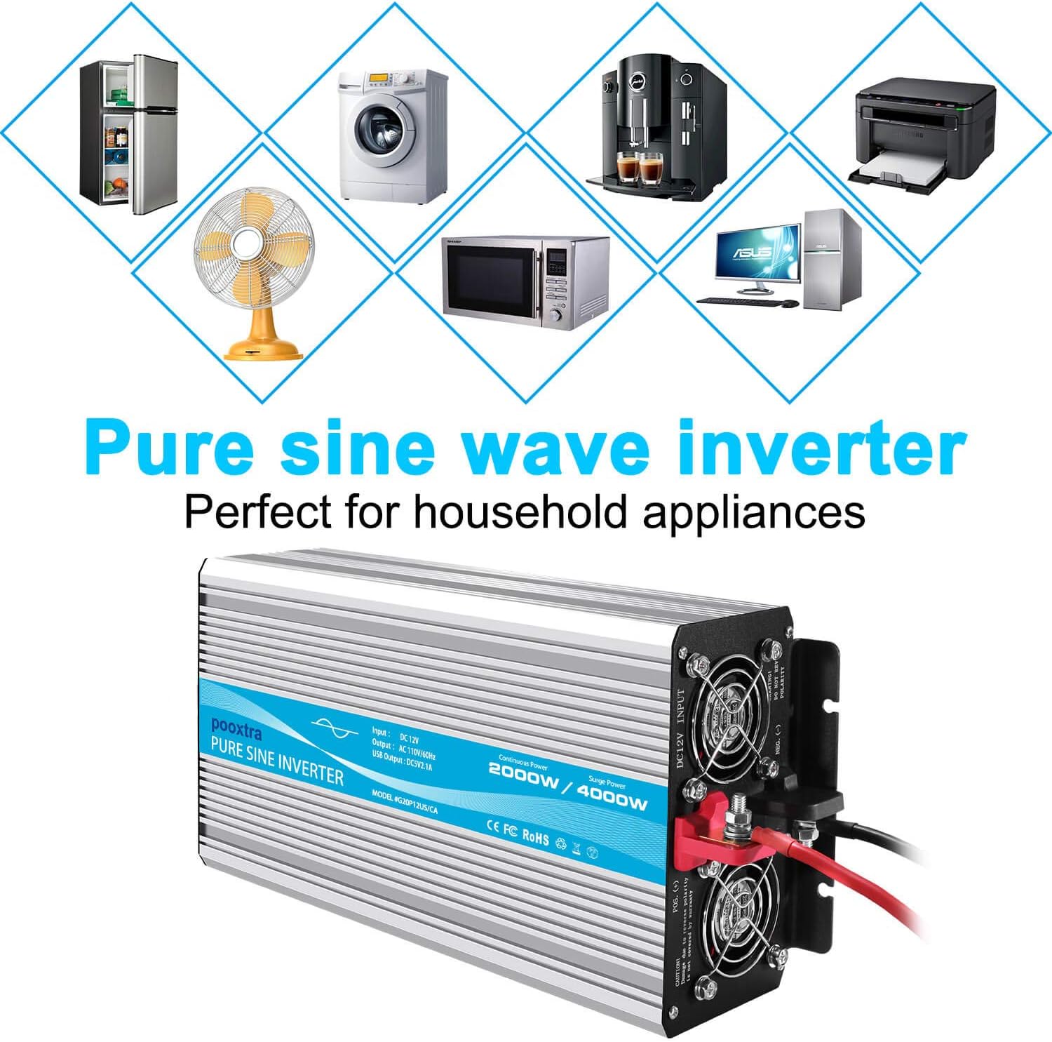 pooxtra 2000W Pure Sine Wave Power Inverter 12V to 110V 4000W Peak Power Converter with 4 AC Outlets and 2.1A USB Port & Remote Controller for RV Trucks Boats and Emergency: Car Electronics