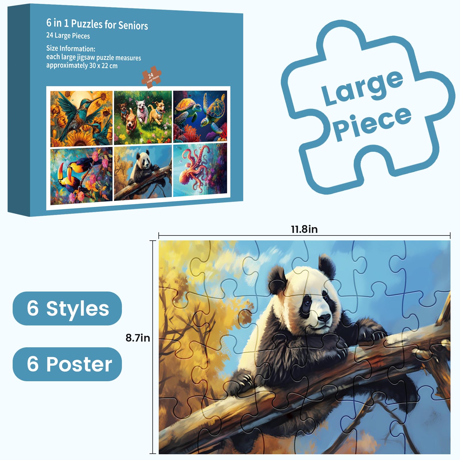 6 Pack 24 Large Piece Puzzle for Seniors Paper Dementia Puzzles for Elderly Adults Easy Puzzle Hummingbird Turtle Dog Panda Jigsaw Puzzle Activities for Elderly Seniors Gift
