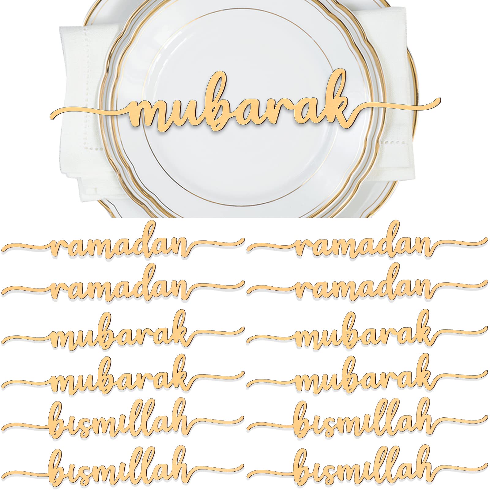 Photo 1 of Queekay 12 Pieces Ramadan Wood Sign Ramadan Mubarak Plate Setting Plate Sign Kareem Wooden Ornament Islamic Table Decor for Eid Mubarak Islamic Home Party Decor(Classic Style)