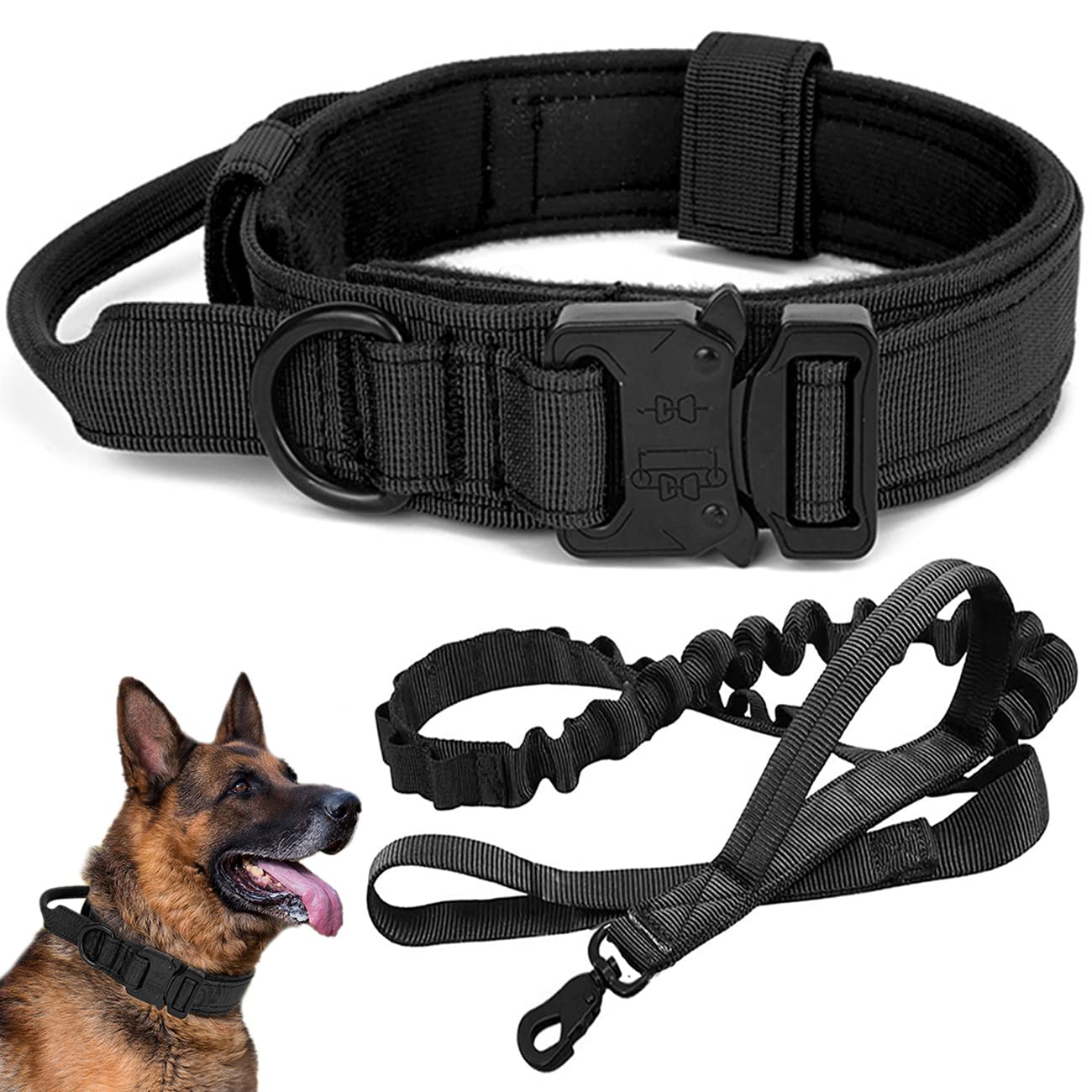 Tactical Dog Collar with Bungee Dog Leads Leash Adjustable Dog Collar with Control Handle and Heavy Metal Buckle Military Nylon Collar for Medium and Large Dogs (M, P3-BLACK) — image 1