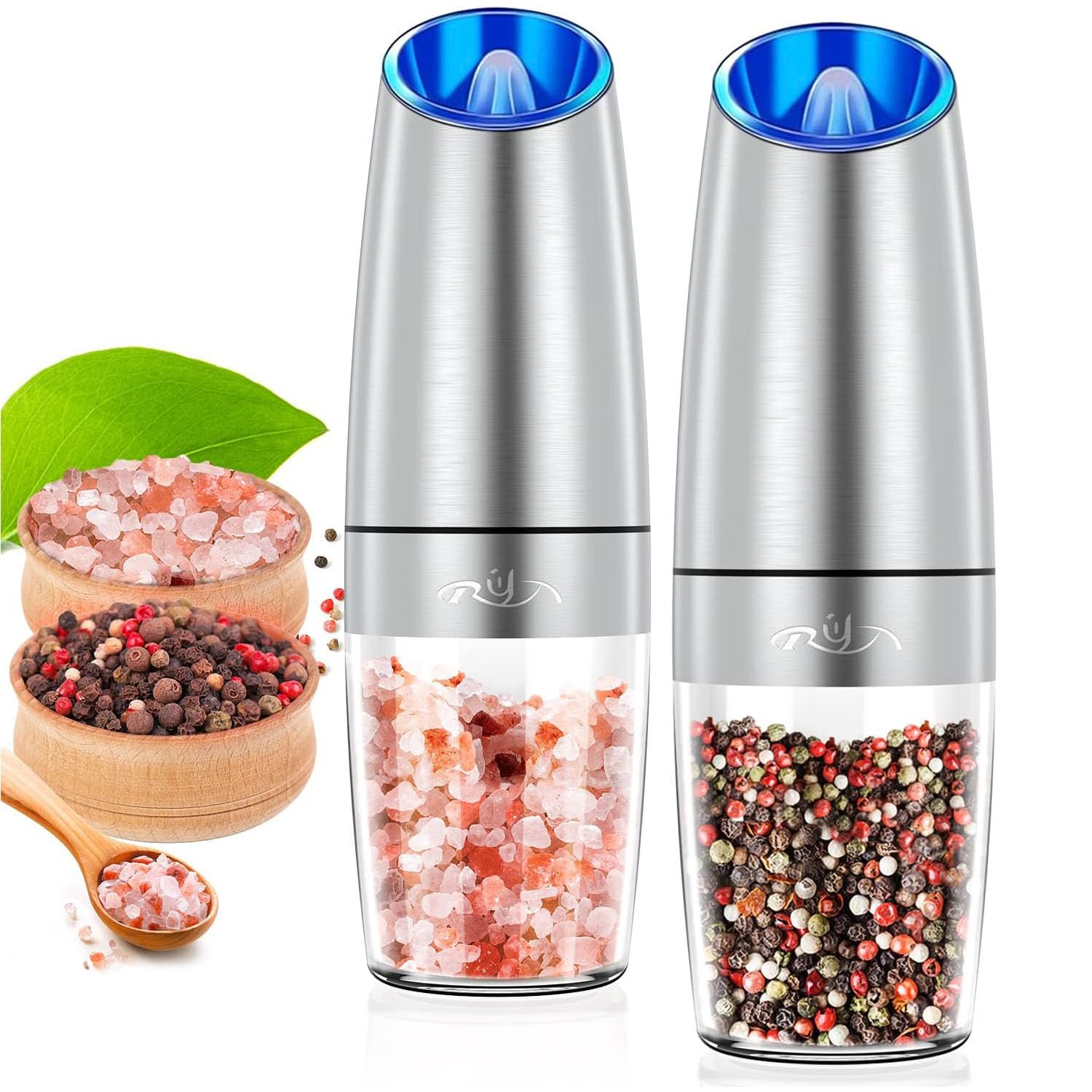 Photo 1 of **SEE CLERK NOTES** Rongyuxuan Gravity Electri Salt and Pepper Mill Set,Pepper Grinder with Ceramic Rotor,Acrylic Container,Stainless Steel Middle,Blue LED Light,Battery Powered,Adjustable Coarseness,One Hand Use,Sliver