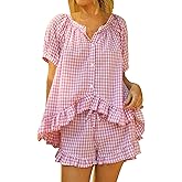 Womens Gingham Pajama Sets Button Down Puff Short Sleeve Top and Ruffle Shorts PJ Set 2 Piece Lounge Set
