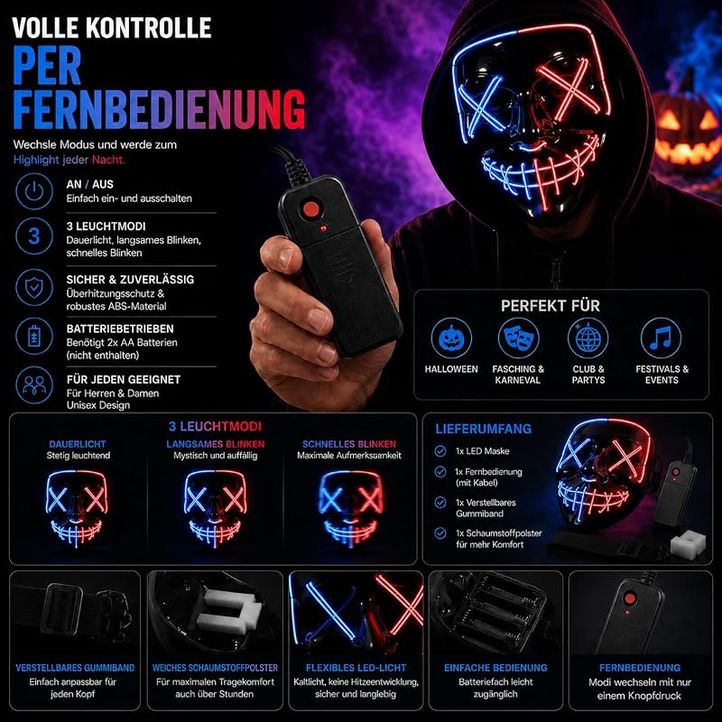Máscara de terror LED rojo y azul - como de Purge con 3 efectos de luz, controlable, para Halloween como disfraz para hombres y mujeres — foto 6 de 7