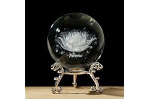 HDCRYSTALGIFTS 60mm 3D Inner Engraved Rose Flower Crystal Ball Paperweight with Sliver Stand Glass Sphere Rose Figurines Collectible Fengshui Decorative Ball Home Decor Gifts