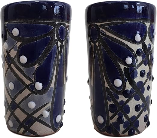 Amazon Com Mexican Shot Glasses Hand Painted In Mexico Great For Tequila Mezcal And Sangrita 2 Oz Set Of 2 Blue And White Tequilero Azul Y Blanco Shot Glasses