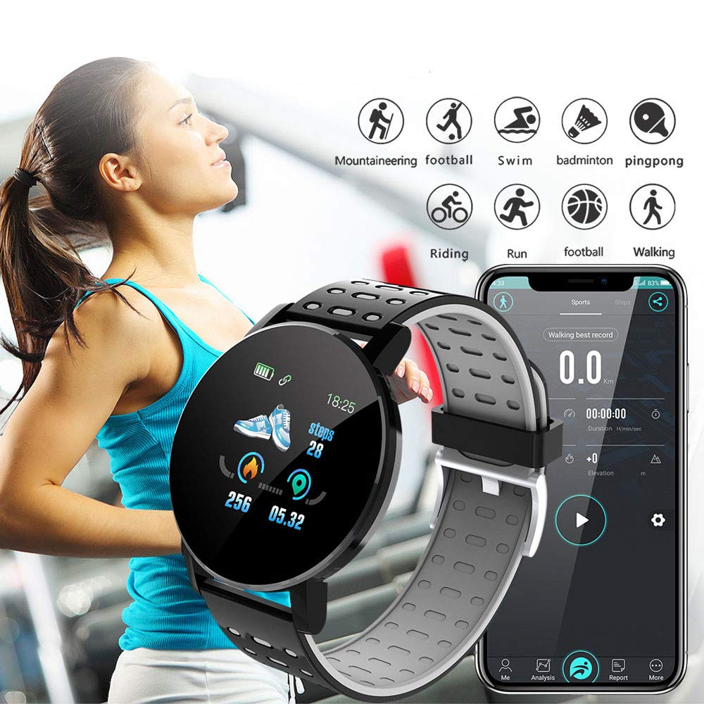 MiMiey Fitness Armband Uhr Watch Herzfrequenz Runder Bildschirm Smart Armband Bluetooth Erinnerung an Eingehenden Anruf Sport Band Smart Watch Fitness Tracker mit Pulsmesser (Blau)
