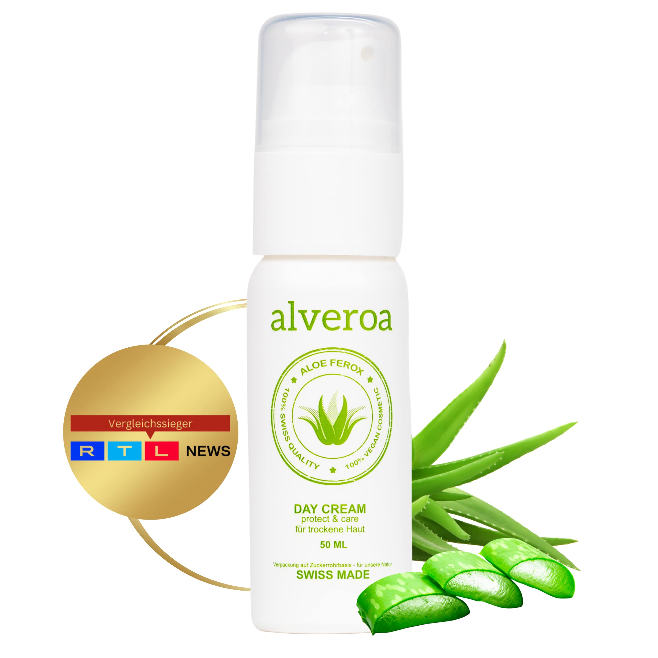 Alveroa DAY Cream | The Comparison Winner | Natural Aloe Vera Gel | Soothing | Anti-Ageing | Natural Cosmetics | Aloe Vera Cream Face Cream | Moisturising Cream Face | Dry Skin | 50 ml