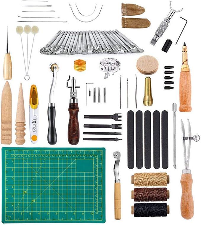 MKNZONE Cuir Outil de Bricolage Kit, 50 Pièces Outils de Maroquinerie