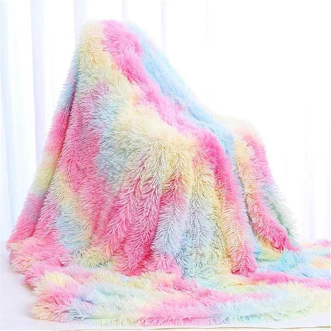 SUCSES Pink Rainbow Bed Cover Blankets, Super Soft Faux Fur Fuzzy Blanket for Boys