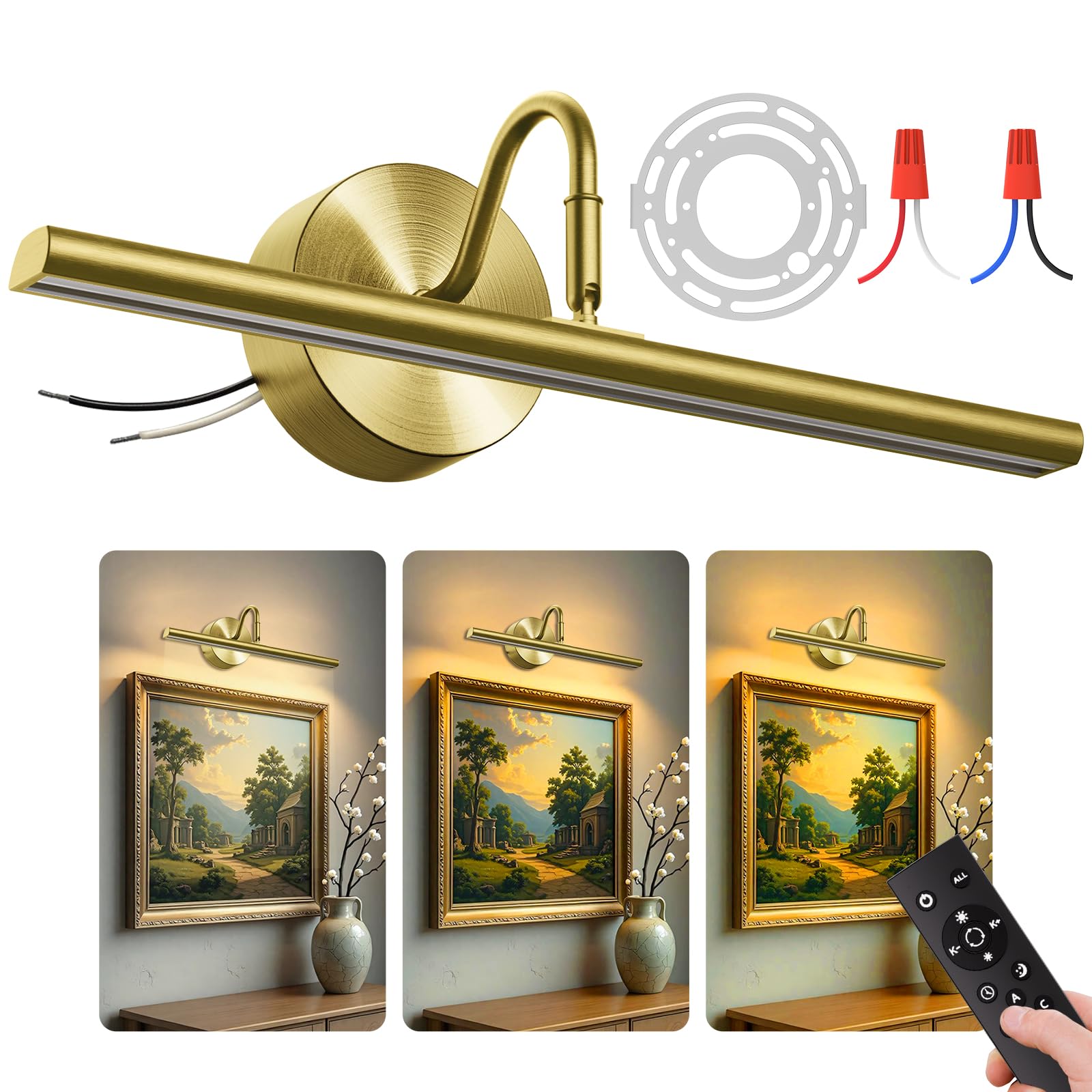 Photo 1 of Denlead Hardwired Picture Lights for Wall 16.5" Wall Lights for Pictures, 3CCT Dimmable Light for Pictures on Wall, 15W Brass Gallery Art Display Poster Light, 2700K-6500K, 1200LM