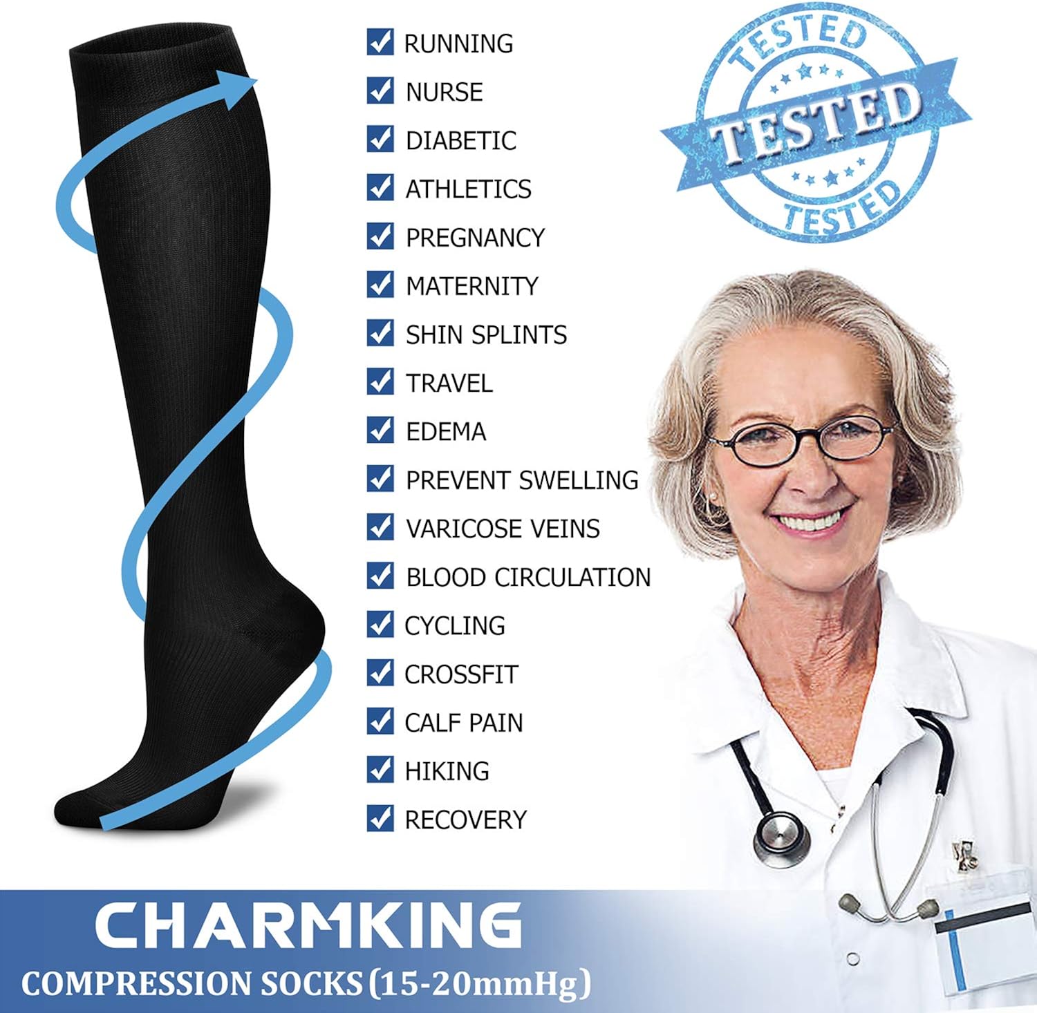 CHARMKING Compression Socks for Women & Men 8 Pairs 15-20 mmHg is Best Graduated Athletic,Running, Flight Travel,Cycling: Clothing