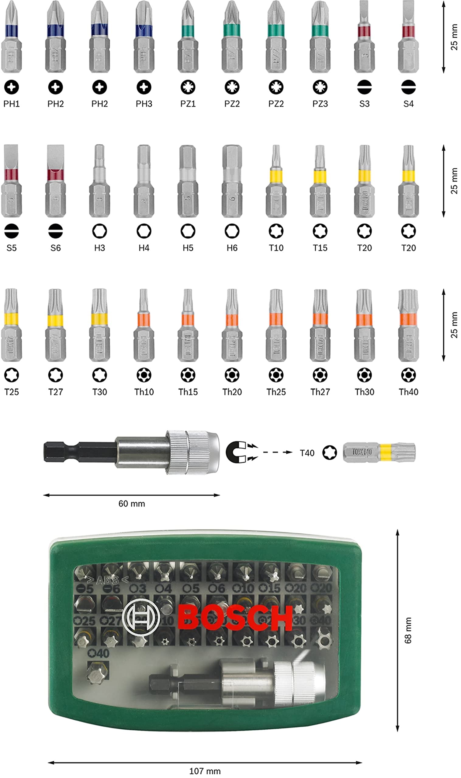 Bosch 32tlg. Schrauberbit-Set (PH-, PZ-, Hex-, T-, TH-, S-Bit, Zubehör Bohrschrauber und Schraubendreher) 3