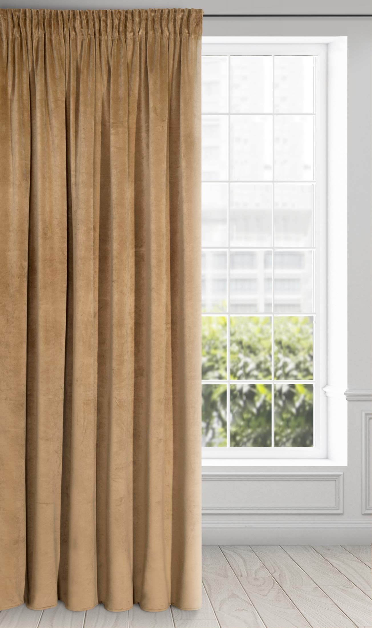 Eurofirany Soft Plain Opaque Velvet Curtain with Rufflette Tape For Rail - 1 Unit, Thick Fluffy Panel Drape Classic Glamour Elegant Living Room Bedroom, W55'' x L106'', 140x270 cm, Honey Yellow